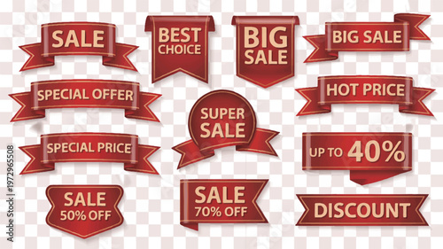 A Collection of Red Sale Banners and Ribbons Featuring Various Marketing Labels and Discount Offers