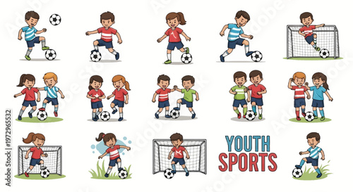 Collection of vector illustrations featuring diverse young boys and girls playing soccer, including poses for kicking, dribbling, goalkeeping, and teamwork on a white background.