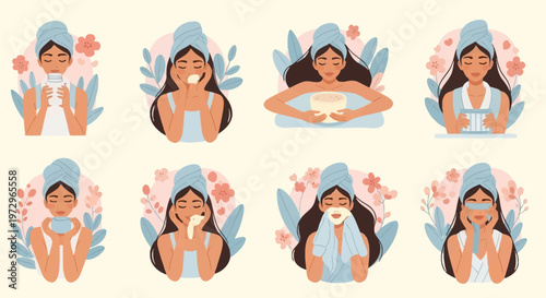 Set of flat vector illustrations depicting a woman with dark hair in a blue towel performing skincare routines like facial steaming, washing, applying cream, and moisturizing with floral accents.