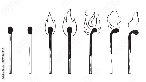 Burning Matches Line Art Showing Ignition Stages from Unlit to Flame Isolated on White