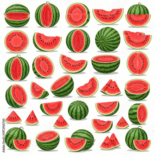 Vector illustration set of fresh watermelons featuring whole fruits, sliced halves, wedges with bites taken out, and triangular pieces showing red flesh and black seeds.