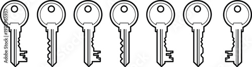 Modern House Key Icon Set Featuring Various Metal Key Profile Silhouettes And Locksmith Designs In CAD Drawing Flat Vector Illustration Style For Security Graphic Design