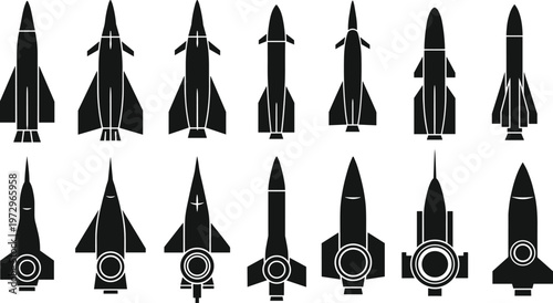 Military Missile And Rocket Silhouette Icon Set Featuring Various Ballistic Weapon Designs And Aerospace Technology In CAD Drawing Flat Vector Illustration Style For Defense Design