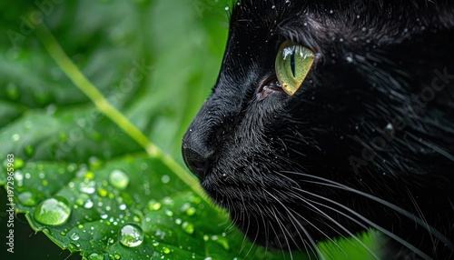 Close-up of a black cats face with green eyes amidst lush green leaves with water droplets.