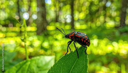 Close-up of a colorful insect perched on a vibrant green leaf in a sun-dappled forest.