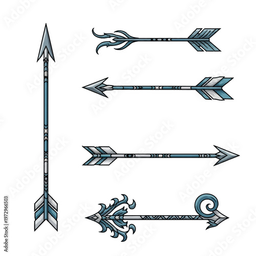 Set of five decorative tribal fantasy arrows featuring blue, silver, and teal color schemes, intricate geometric shaft patterns, and unique fletching designs isolated on white background.