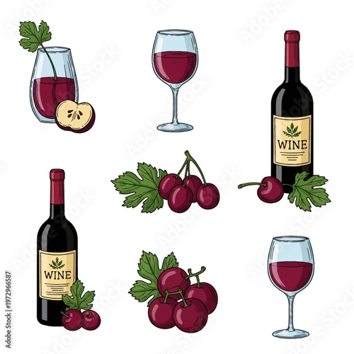 Hand drawn illustration set of red wine bottles with labels, glasses filled with wine, clusters of ripe dark grapes with green leaves, and plum fruit isolated on a white background.