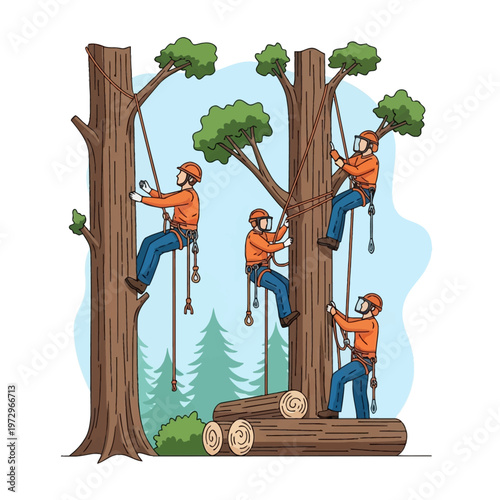 Vector illustration of professional arborists and tree surgeons wearing safety gear, helmets, and harnesses while climbing tall trees with ropes for maintenance and logging work.