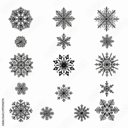 Collection of various black snowflake icons on white background, featuring unique geometric patterns, symmetrical crystalline structures, and winter holiday graphic design elements.