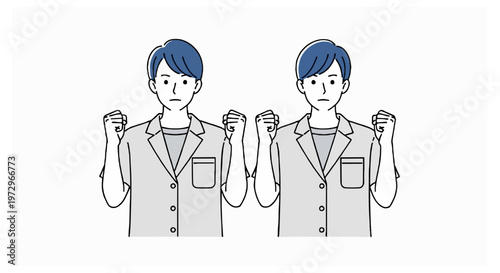 Two male characters with blue hair clenching fists in power pose.