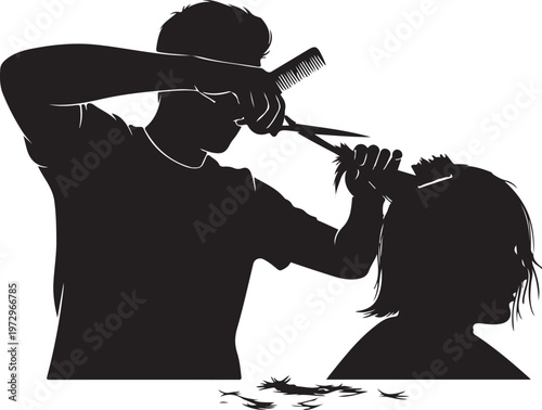 Black silhouette of barber cutting hair haircut scissors