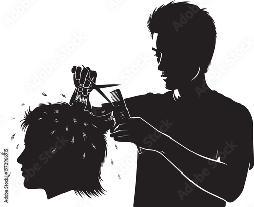 Black silhouette of barber cutting man's hair haircut
