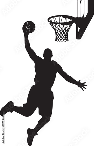 Black silhouette of basketball player dunking ball into hoop