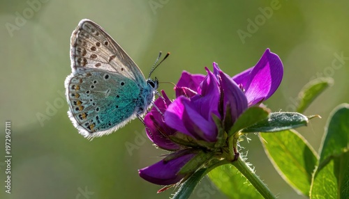 Close-up of a delicate blue butterfly perched on a vibrant purple flower in soft sunlight.