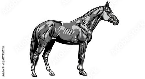 Anatomical illustration of a horse, showing musculature and skeletal structure, black and white