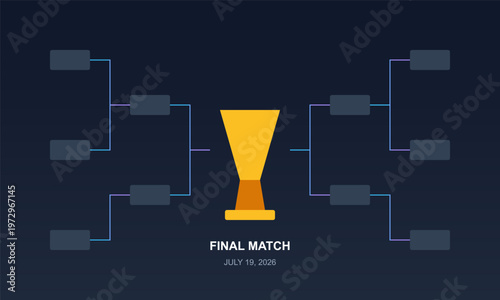 Hand-drawn tournament bracket interface featuring a gold trophy cup on dark background for championship sports events authentic illustration