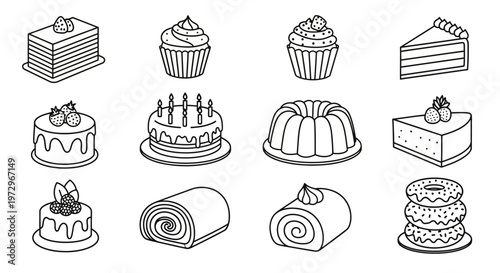 Assorted Desserts Collection: Cakes, Cupcakes, Donuts, and Pastries Line Art Icons