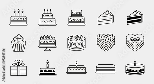 Birthday Cake Icons Set: Celebration Desserts, Sweets, Gifts, Candles, Slices, Cupcake, Heart