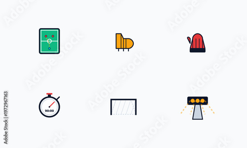 Hand-drawn sports icons featuring soccer tactics, stadium seats, goalkeeper glove, timing stopwatch, goal post, arena floodlights authentic illustration