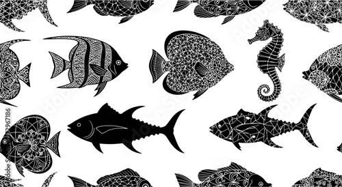 Black and White Fish and Seahorse Pattern, Intricate Designs, Marine Life