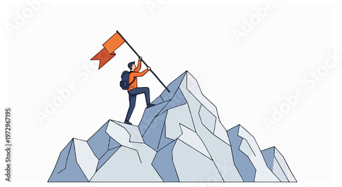 A male mountaineer with a backpack and orange jacket climbs a jagged blue mountain peak while holding a red flag on a pole.