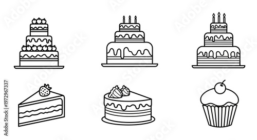 Collection of black and white cake icons: tiered cakes, cake slices, and cupcake