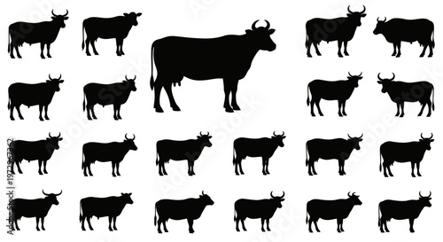 Collection of Diverse Cow Silhouettes, Farm Animals, Livestock, Rural Life