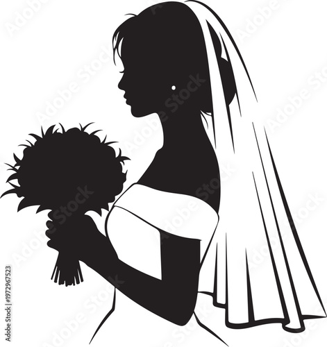 Black silhouette of bride holding bouquet and wearing veil