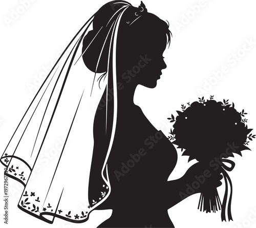 Black silhouette of bride in profile holding bouquet and wearing veil