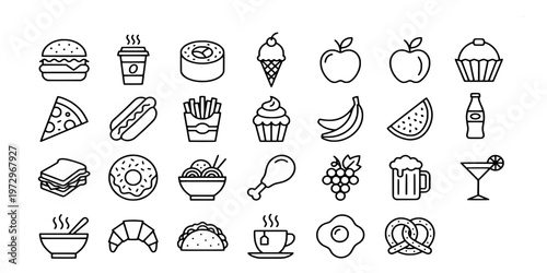 icon liner set collection of delicious fast food, healthy fruits, desserts, snacks, and various drinks including coffee, soda, and cocktails for menus.