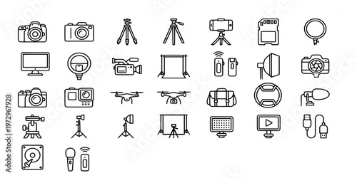 icon liner set collection of professional photography gear, digital cameras, studio lighting, tripods, drones, memory cards, and video production equipment for creators.