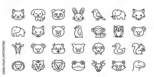 icon liner set collection of cute animal faces and wildlife creatures including pets, forest animals, birds, and marine life for kids' designs.