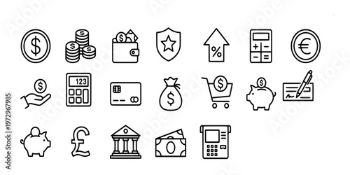 icon liner set collection of financial services, money, banking transactions, investments, payment methods, and economic tools for business and fintech applications