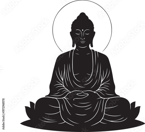 Black silhouette of buddha sitting in lotus position with halo