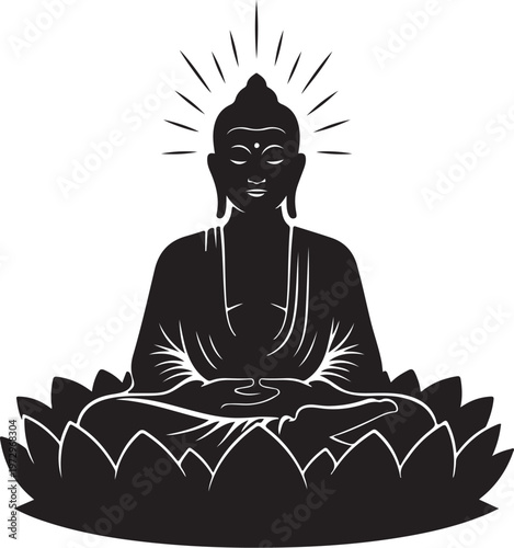 Black silhouette of buddha sitting on lotus flower with sunburst