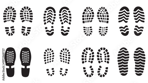 Shoe Prints and Footprints Set Isolated on White for Texture, Tread Pattern and Design Use