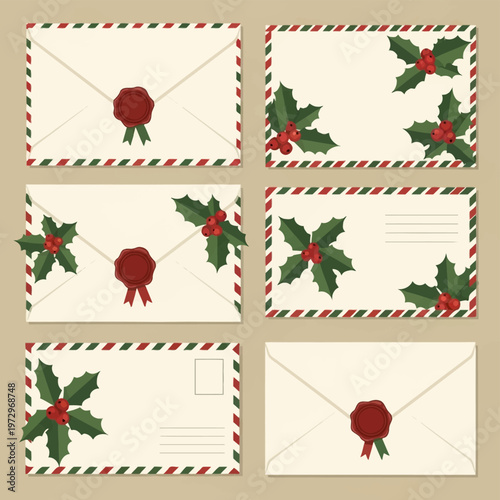 A collection of six vintage-style Christmas envelopes featuring holly leaf clusters with red berries, decorative red and green striped borders, and realistic red wax seal stamps.