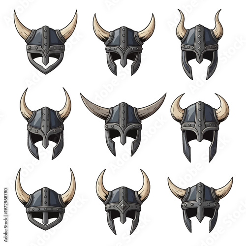 Collection of nine distinct Viking warrior helmet illustrations with various horn shapes, iron metal textures, and rivets. Medieval Scandinavian headgear set isolated on white.
