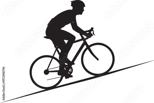 Black silhouette of cyclist riding bicycle on white background