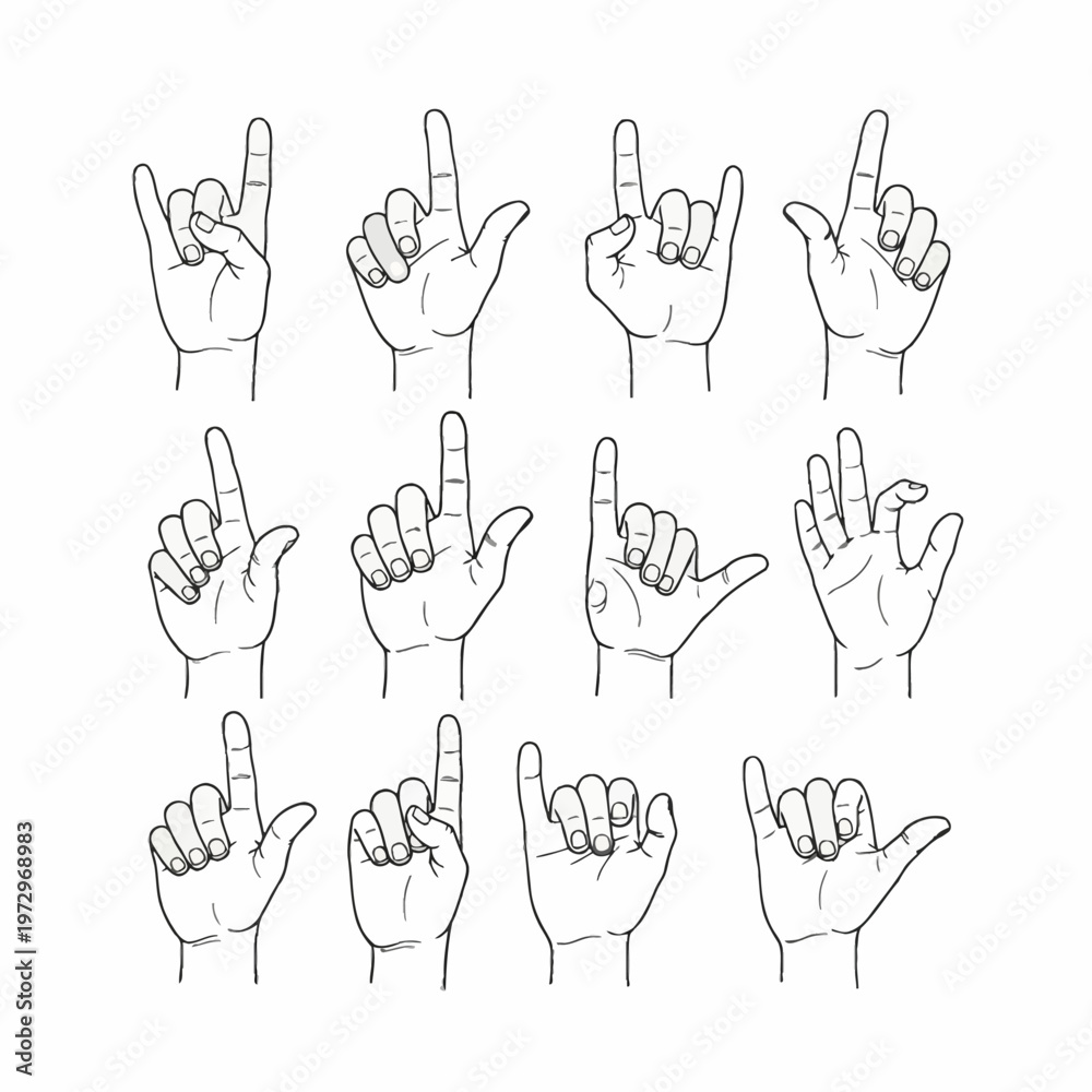 Fototapeta premium Black and white line art illustration of eleven human hand gestures including pointing index finger, rock on sign, OK symbol, and shaka sign, isolated on a white background.
