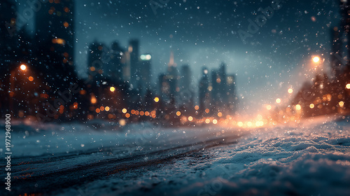 Snowy urban street at night with falling snow and blurred car lights