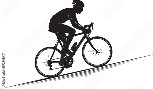 Black silhouette of cyclist riding bike on white background with motion lines
