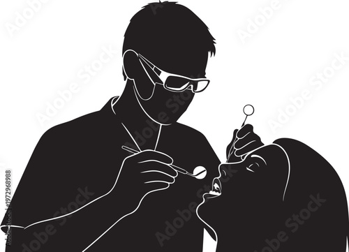Black silhouette of dentist examining patient medical