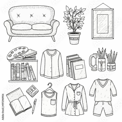 Set of hand-drawn black and white line art doodle illustrations featuring household items, furniture like a sofa and plant, clothes, books, stationery, and art supplies on white.