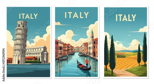 Three vintage travel posters for Italy featuring the Leaning Tower of Pisa, a Venice canal with gondolas, and a rural Tuscany landscape with cypress trees and rolling hills.