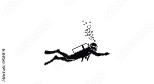 Silhouette of a scuba diver swimming underwater with bubbles rising