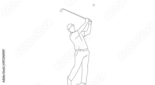 Line drawing of a golfer swinging a club at a golf ball