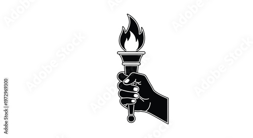 A black and white illustration of a hand holding a burning torch