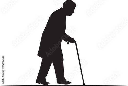 Black silhouette of elderly man walking with cane