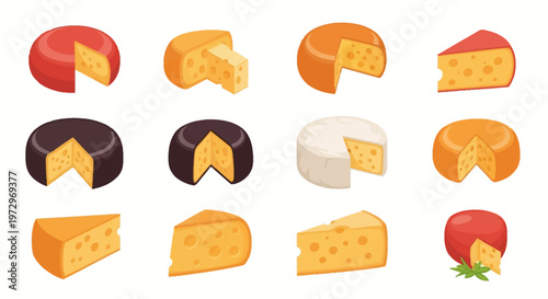 A comprehensive collection of cheese illustrations featuring various types like Swiss, Gouda, and Brie, showing whole wheels, sliced wedges, and blocks with holes on a white background.